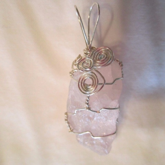 Handmade Jewelry - Rose Quartz silver wrapped raw crystal love Pendant Necklace